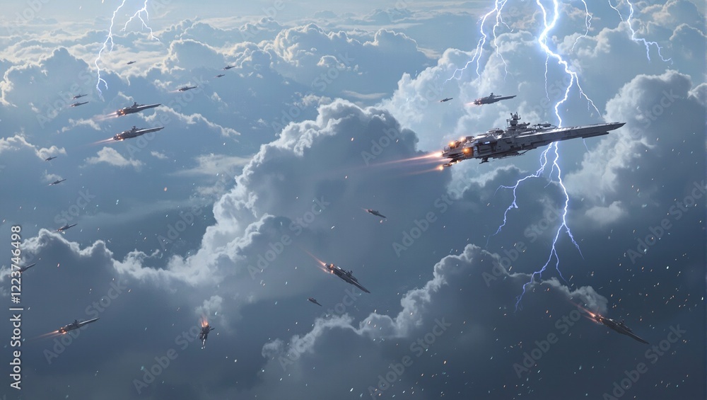 Futuristic warships navigate stormy clouds on alien planet Futuristic warships navigate stormy clouds on alien planet