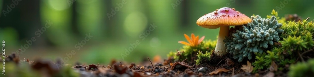 Small mushroom next to a large grey lichen mass, forest floor, woodlands, trees Small mushroom next to a large grey lichen mass, forest floor, woodlands, trees