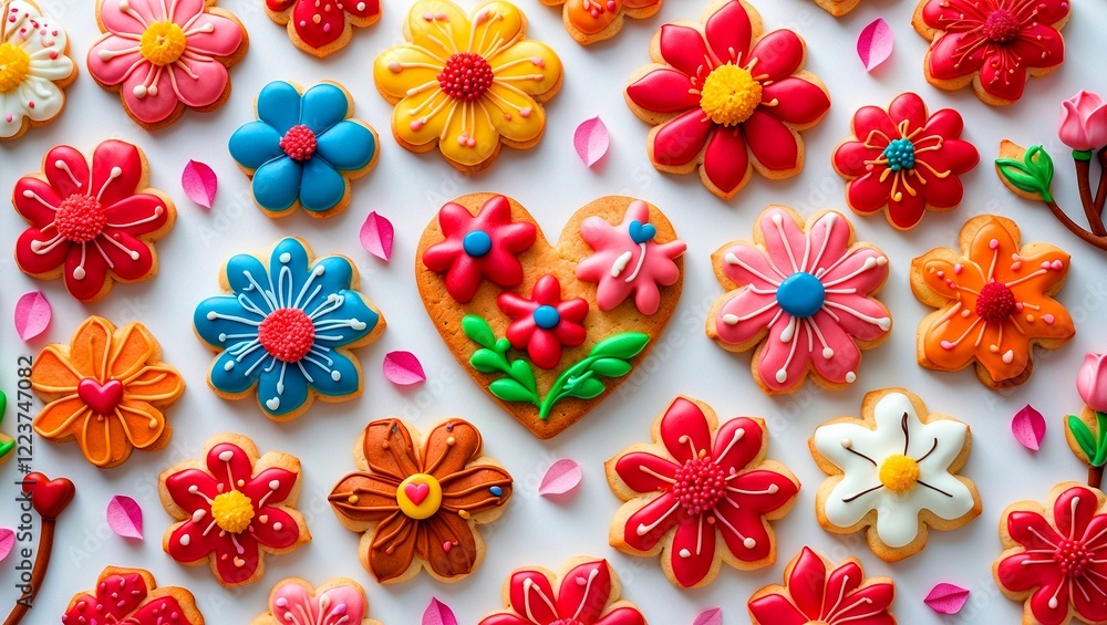 Fototapeta premium Colorful almond cookies decorated with flowers for valentine's day