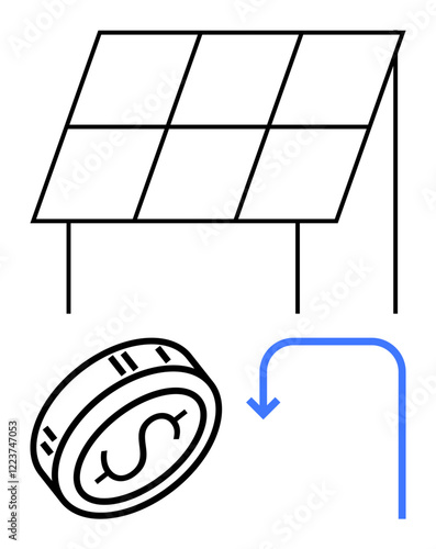 Solar panel array with coin symbol representing financial savings and curved arrow indicating return. Ideal for renewable energy, environmental sustainability, cost efficiency, green investment