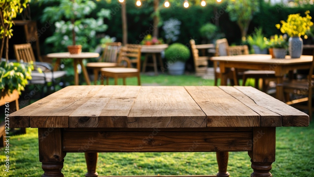 Fototapeta premium Blank wooden table in outdoor garden setting