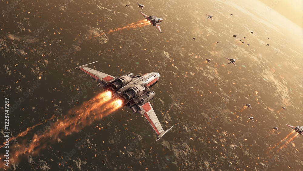 Obraz premium Futuristic spaceships engage in high speed battle above a rocky planet