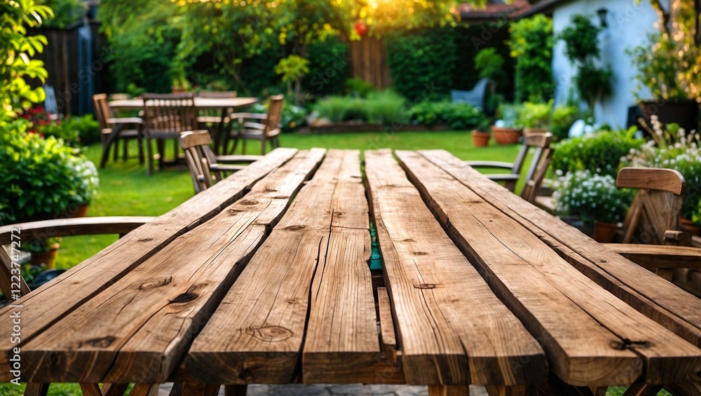 Blank wooden table surrounded by lush garden beauty Blank wooden table surrounded by lush garden beauty