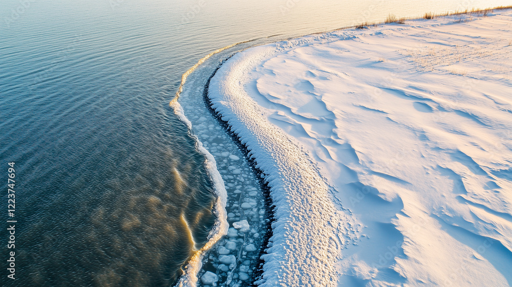 雪で覆われた堤防と広がる冬の海を描いた静寂な風景 雪で覆われた堤防と広がる冬の海を描いた静寂な風景