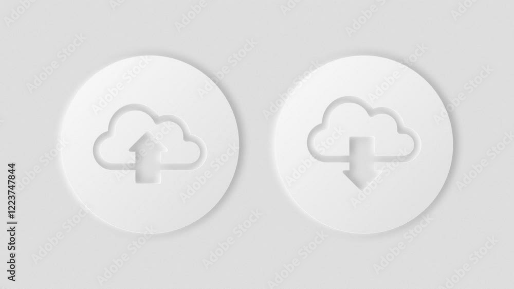 Cloud upload and download icons with clean light and dark neumorphism design. 4k animation, blur and shadows graphics, simple animations. Cloud upload and download icons with clean light and dark neumorphism design. 4k animation, blur and shadows graphics, simple animations.