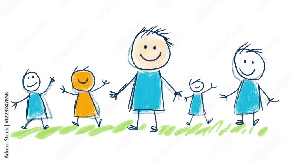 Happy Cartoon Family Walking Together in a Colorful, Playful Style with Smiling Faces and Joyful Expressions Happy Cartoon Family Walking Together in a Colorful, Playful Style with Smiling Faces and Joyful Expressions