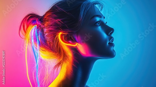 Woman, neon lights, profile, colorful background, music, studio shot, advertising