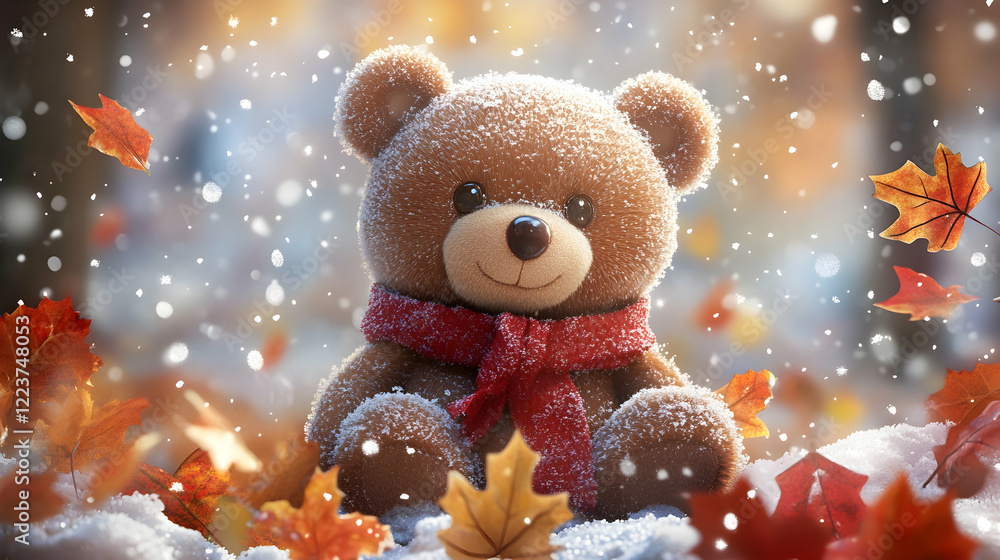 Cute teddy bear surrounded by snow and autumn leaves, wishing Merry Christmas and Happy New Year Cute teddy bear surrounded by snow and autumn leaves, wishing Merry Christmas and Happy New Year