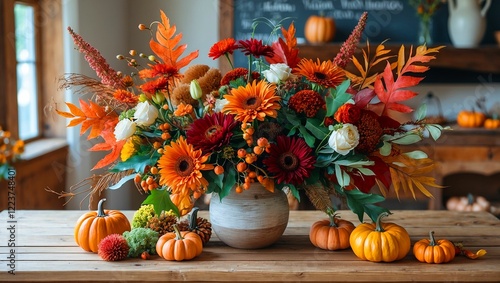 Wallpaper Mural Vibrant autumn floral display on rustic wooden table Torontodigital.ca
