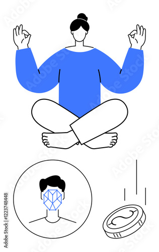 Person meditating in a seated pose, facial recognition profile, and falling coin represent mindfulness, digital security, financial AI, tech balance, innovation, and abstract line flat metaphor