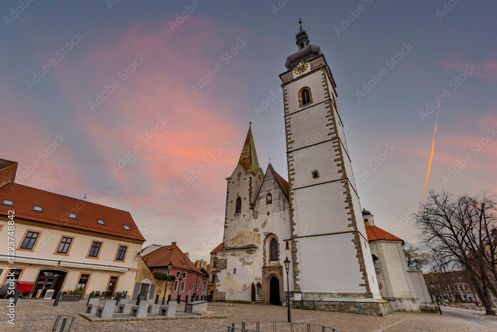 Medieval Town Pisek and historic old street with church of the nativity of the blessed Virgin Mary.