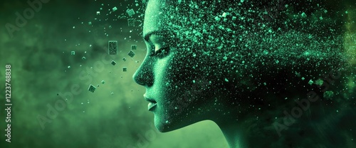 Woman's face dissolving, green particles, smoky background, digital art, concept art