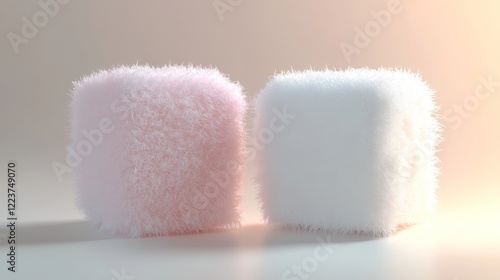 Two cylindrical marshmallows in soft pink and white tones with a fluffy appearance. Sweet tasty dessert, sugar food. Vector illustration isolated on white background