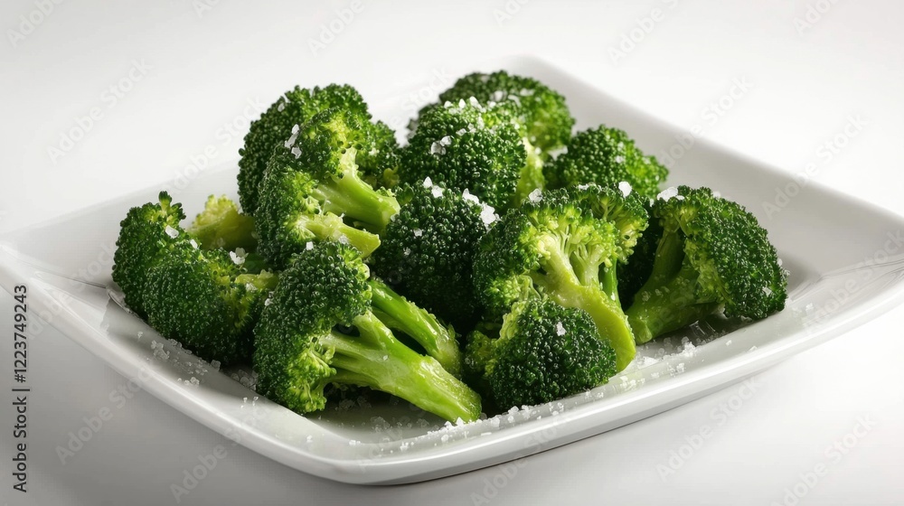 A clean and simple plate of freshly steamed broccoli, lightly seasoned with sea salt, neatly arranged on a plain white plate A clean and simple plate of freshly steamed broccoli, lightly seasoned with sea salt, neatly arranged on a plain white plate
