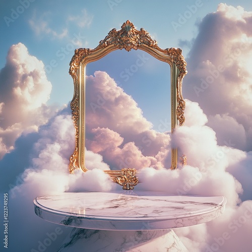 Surreal Golden-Framed Mirror on Marble Platform with Clouds