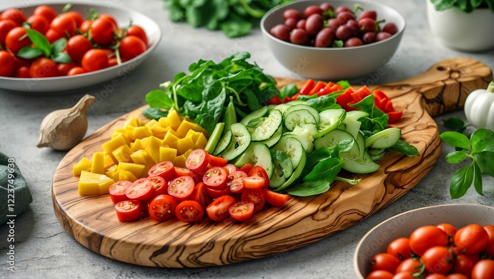 Olive wood cutting board displaying fresh salad ingredients Olive wood cutting board displaying fresh salad ingredients