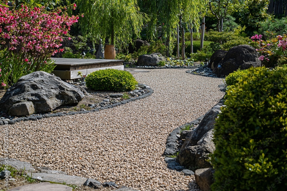 Obraz premium Serene Japanese garden path winding through lush greenery and vibrant flowers, inviting tranquility