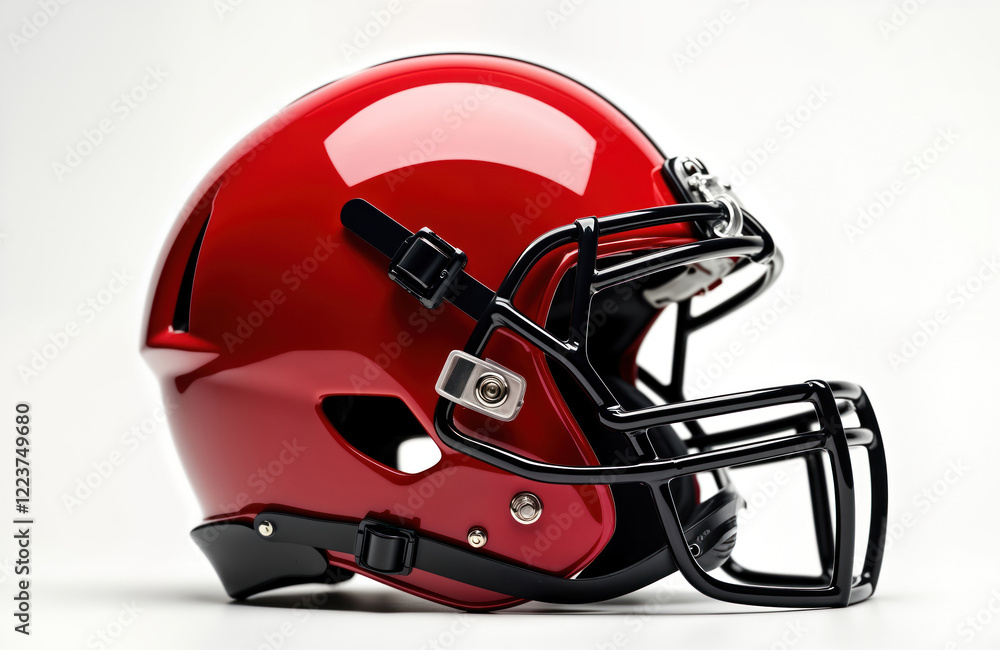 Shiny red football helmet with black faceguard on white background. High-quality protective gear for sports. Perfect for sports, safety concepts. Stylish design, focused on safety. Sport equipment Shiny red football helmet with black faceguard on white background. High-quality protective gear for sports. Perfect for sports, safety concepts. Stylish design, focused on safety. Sport equipment