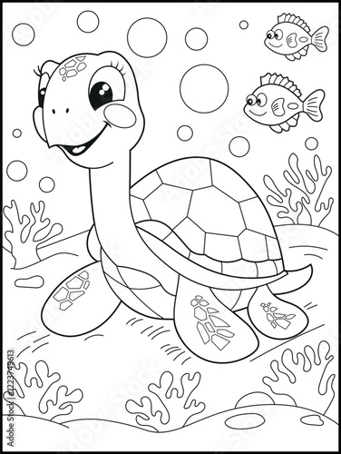 Illustration of a cute baby turtle cartoon character. Black and white Printable underwater coloring page for kids.
