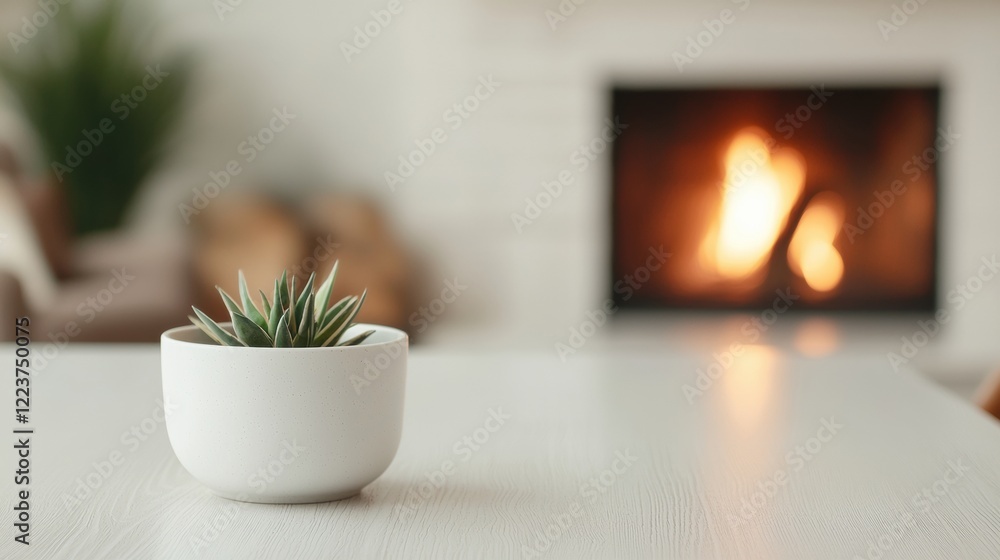 Fototapeta premium Small succulent plant on white table with fireplace burning in background