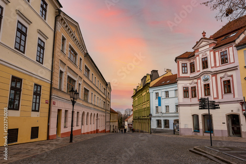 Obraz na płótnie Narrow picturesque street with baroque and renaissance historical buildings. Cityscape of medieval town Pisek, Czechia. w salonie