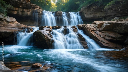 Majestic waterfall cascading over rocky stream bed
