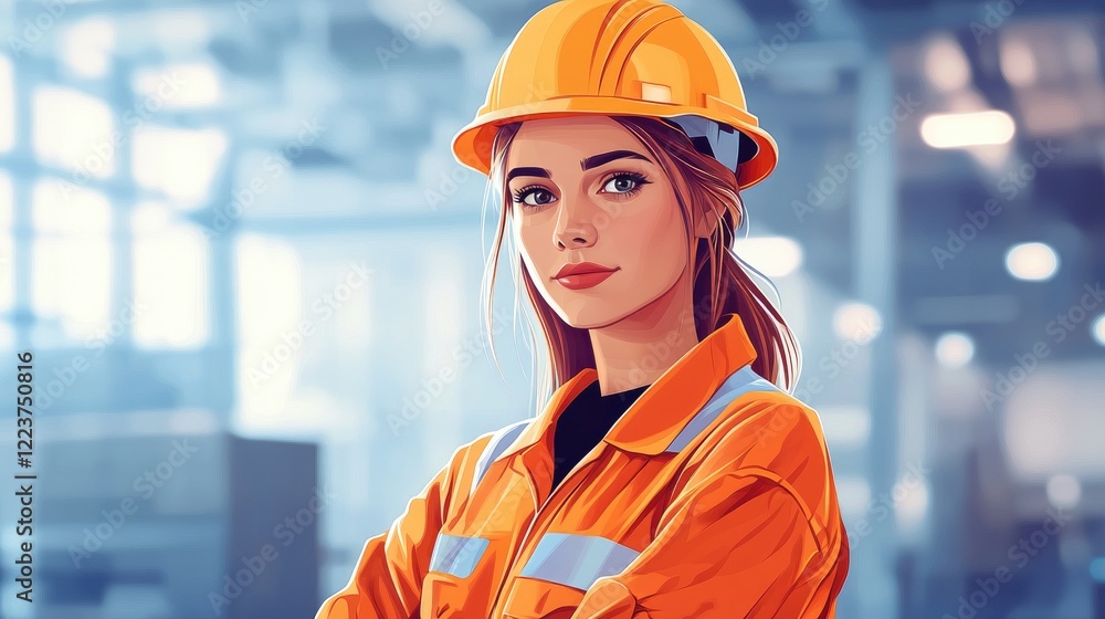 Young female construction worker in safety gear poses confidently in an industrial workspace Young female construction worker in safety gear poses confidently in an industrial workspace