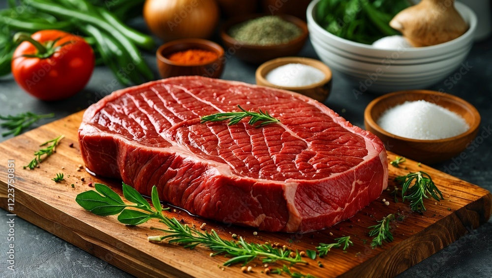 Fresh organic beef steak with seasonings on wooden board Fresh organic beef steak with seasonings on wooden board