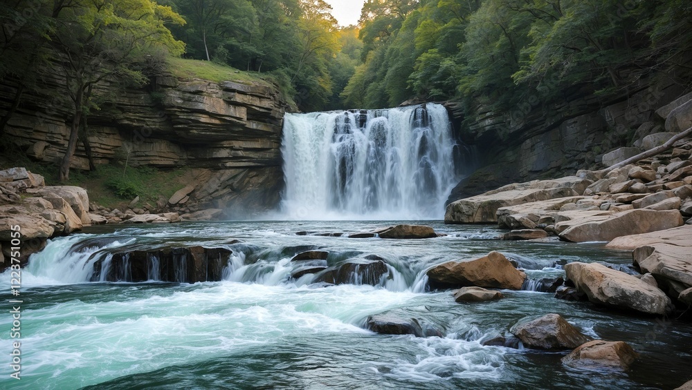 Fototapeta premium Flowing water cascades over rocks into a majestic waterfall