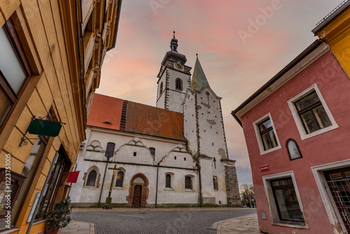 Medieval Town Pisek and historic old street with church of the nativity of the blessed Virgin Mary.
