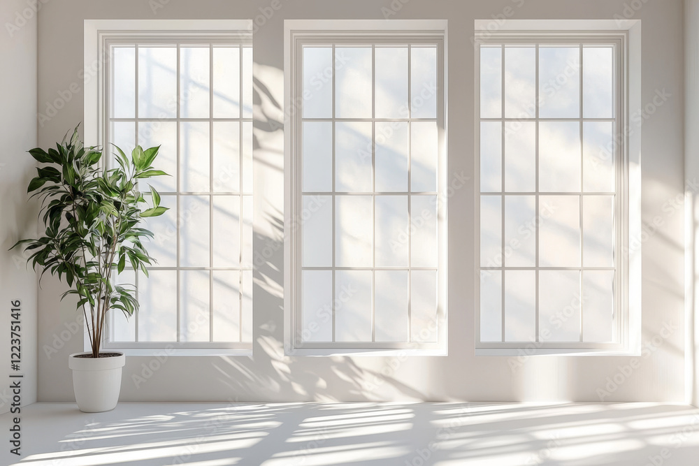 Fototapeta premium Sunlit minimalist room with potted plant and three large windows.