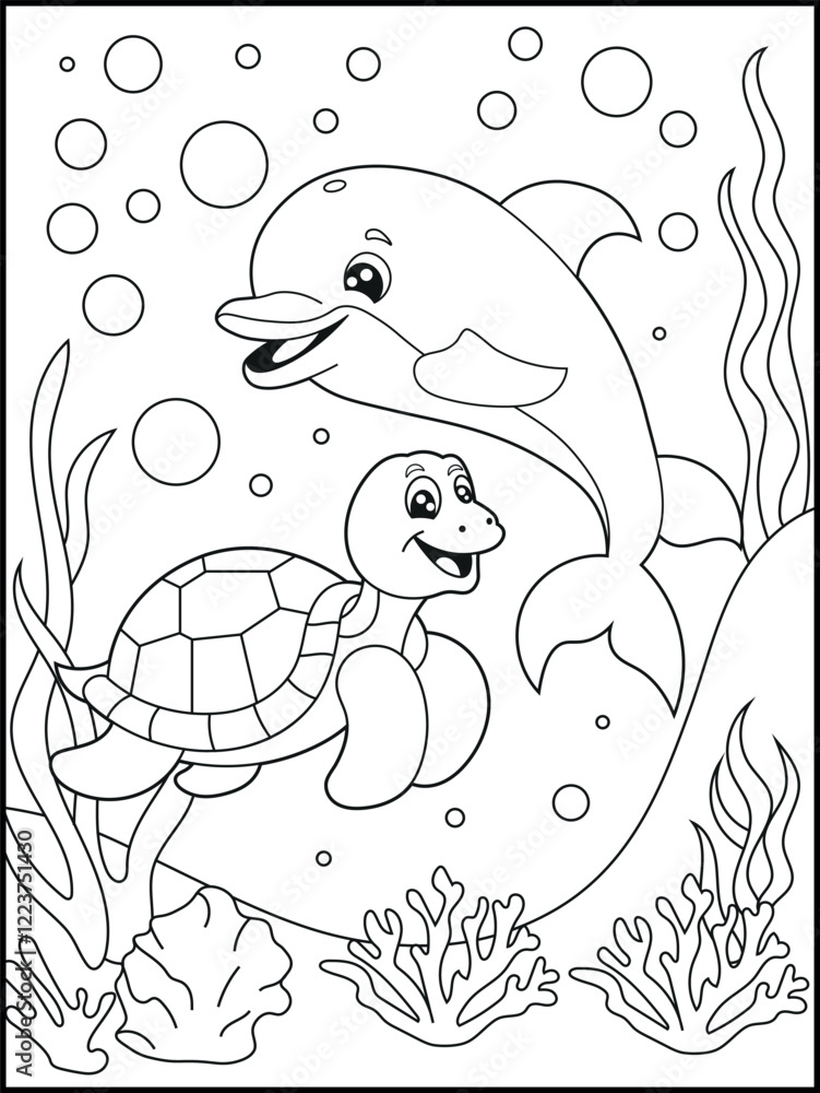 Fototapeta premium Illustration of a cute baby turtle and dolphin cartoon characters. Black and white Printable underwater coloring page for kids. 