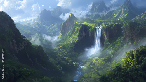 A drone-shot of a waterfall cascading into a lush valley, with mist rising into the air. Waterfall Valley. Illustration