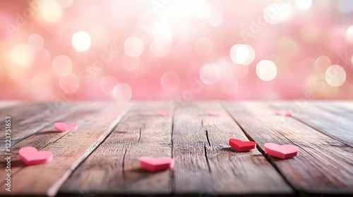 Empty wooden table with pink bokeh lights in the background, perfect for Valentinea??s or Womena??s Day photo