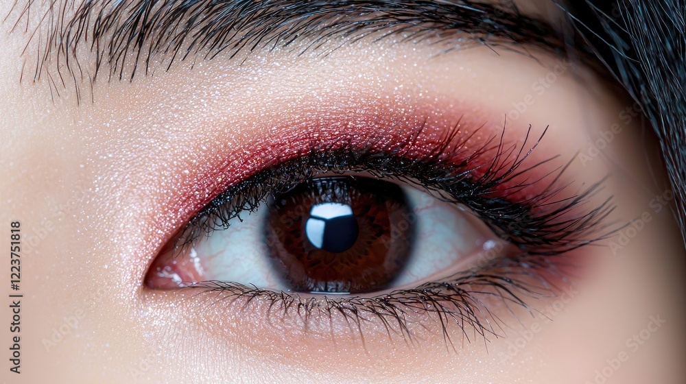 Close-up eye makeup, brown eye, red eyeshadow, beauty, cosmetics, advertising