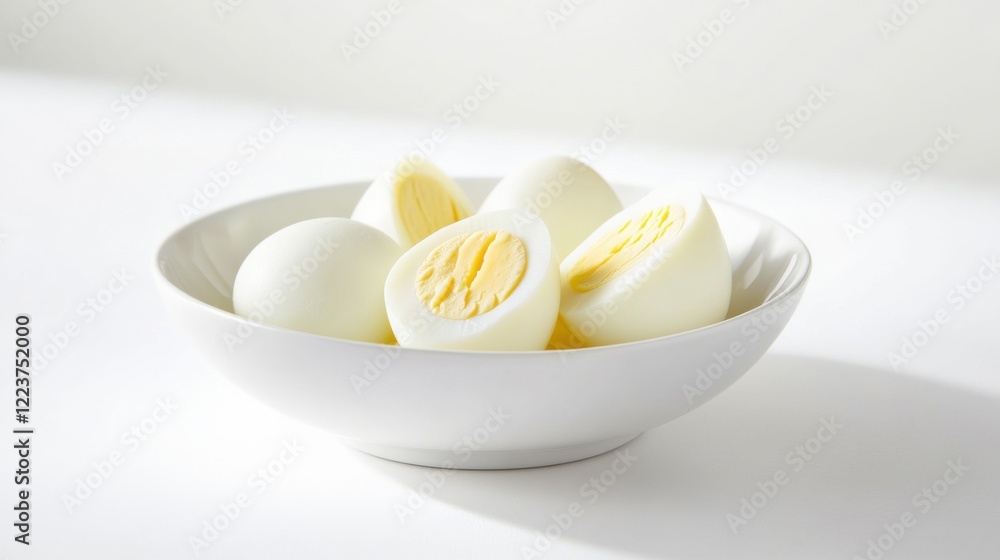 A clean and simple serving of boiled eggs, neatly arranged in a minimalist white bowl, Eggs centered A clean and simple serving of boiled eggs, neatly arranged in a minimalist white bowl, Eggs centered