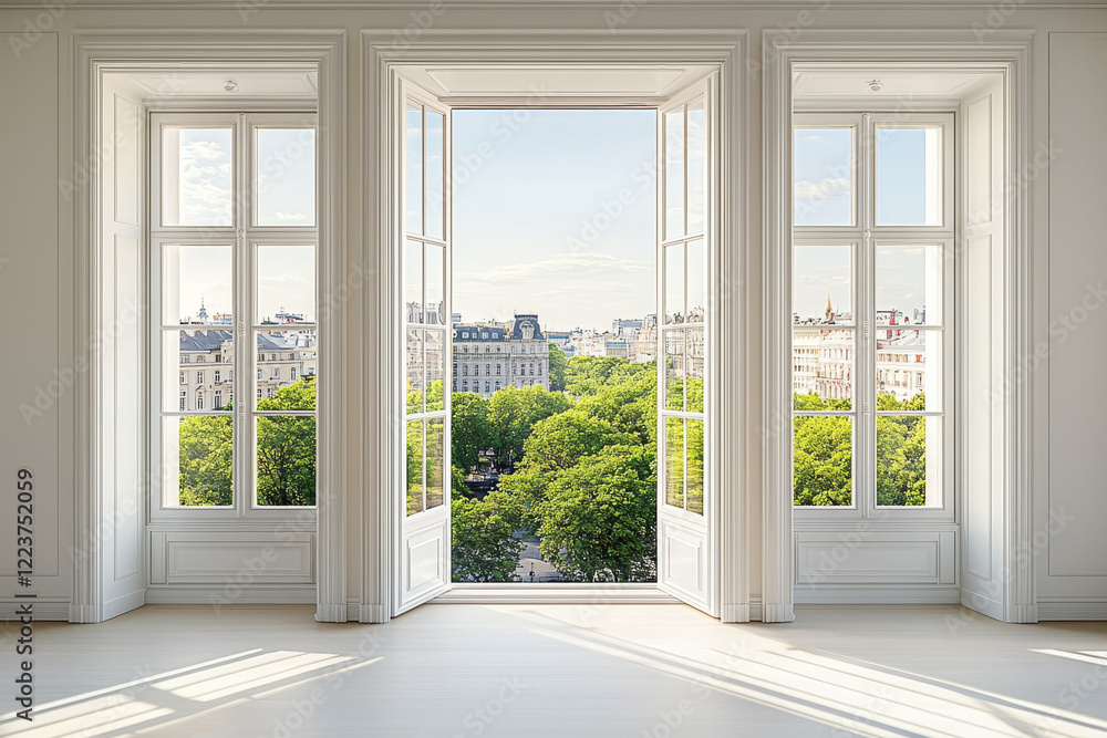 Fototapeta premium Bright room with French doors and windows showcasing a cityscape and park.
