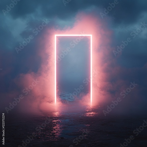 Illuminated Neon Rectangle in Dense Fog with Soft Pink and Blue Glow, Abstract Atmosphere photo