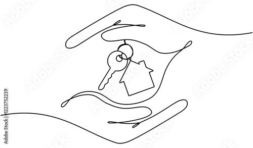 Hands hold key with house continuous one line art drawing. Real estate concept. Vector illustration isolated on white.