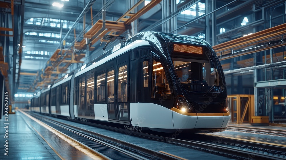 Fototapeta premium Modern Electric Train Inside A Factory Building