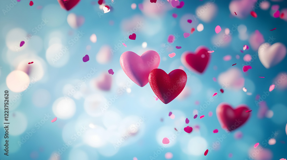 Floating pink and red hearts with confetti on a blue background, symbolizing Valentinea??s Day love Floating pink and red hearts with confetti on a blue background, symbolizing Valentinea??s Day love
