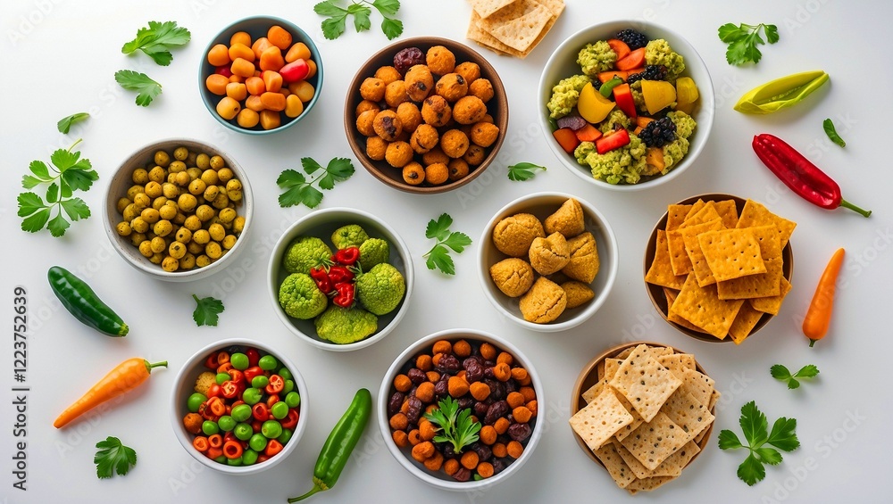 Colorful vegetarian snacks on white background display Colorful vegetarian snacks on white background display