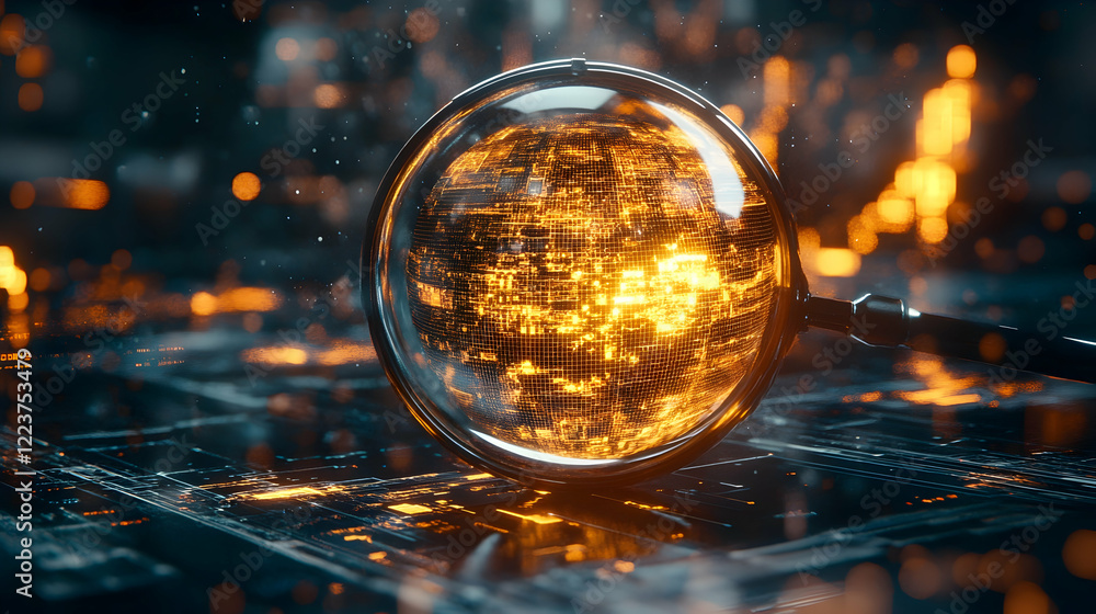 Glowing futuristic globe magnified by a magnifying glass, surrounded by abstract data streams and digital elements Glowing futuristic globe magnified by a magnifying glass, surrounded by abstract data streams and digital elements