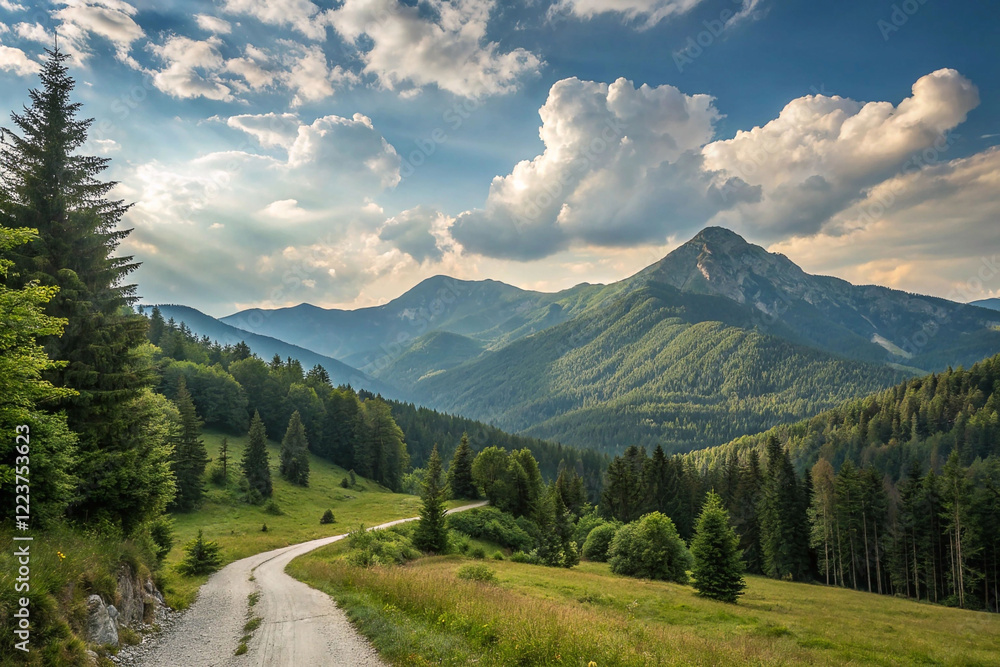 Fototapeta premium Scenic mountain road winding through lush green valley under a partly cloudy sky.