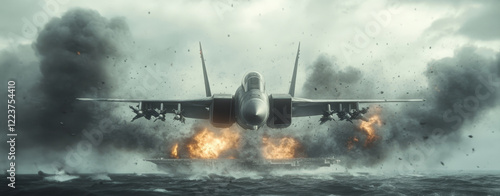 Military jet attacks burning aircraft carrier; dramatic aerial combat scene.