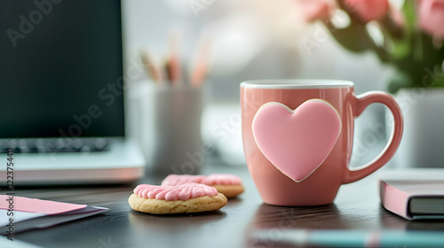 Heart-shaped mug and pink cookies on a desk, perfect for celebrating Valentinea??s Day photo