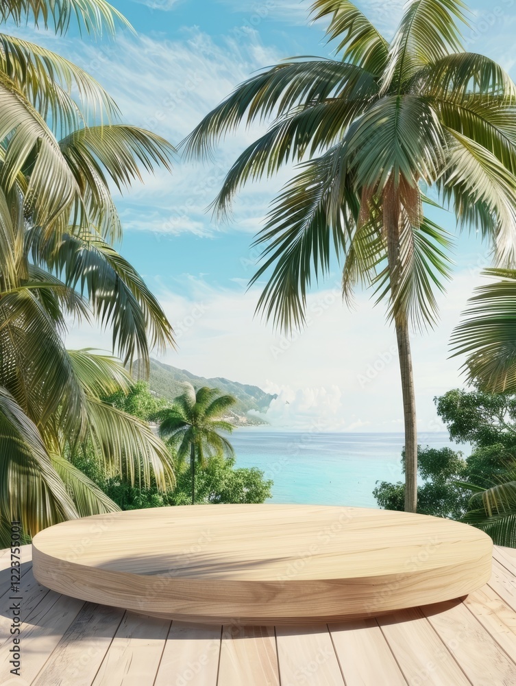 Fototapeta premium A rustic wooden podium stands on a wooden deck, surrounded by a lush tropical landscape of palm trees and dense foliage, overlooking a tranquil ocean scene.