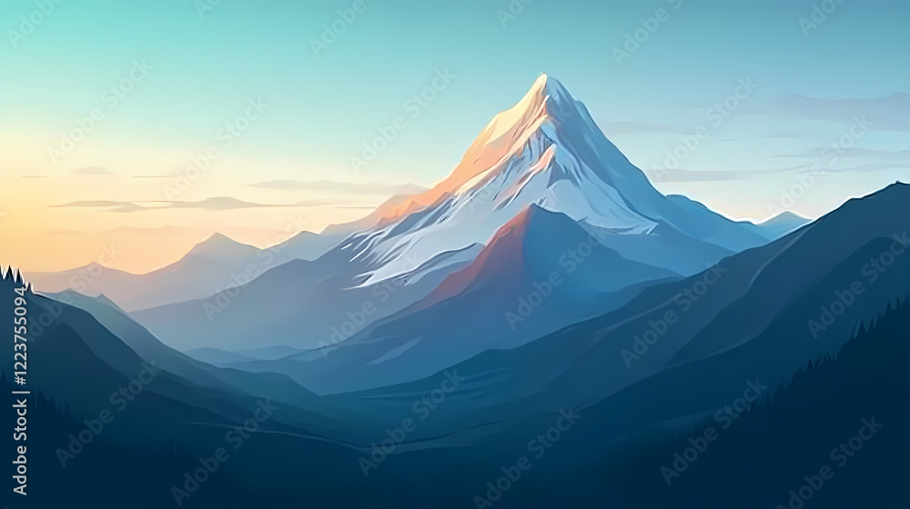 Fototapeta premium Majestic mountain scene showcasing a snow-capped peak at sunrise, surrounded by tranquil skies and lush landscapes. Whispering Peak. Illustration