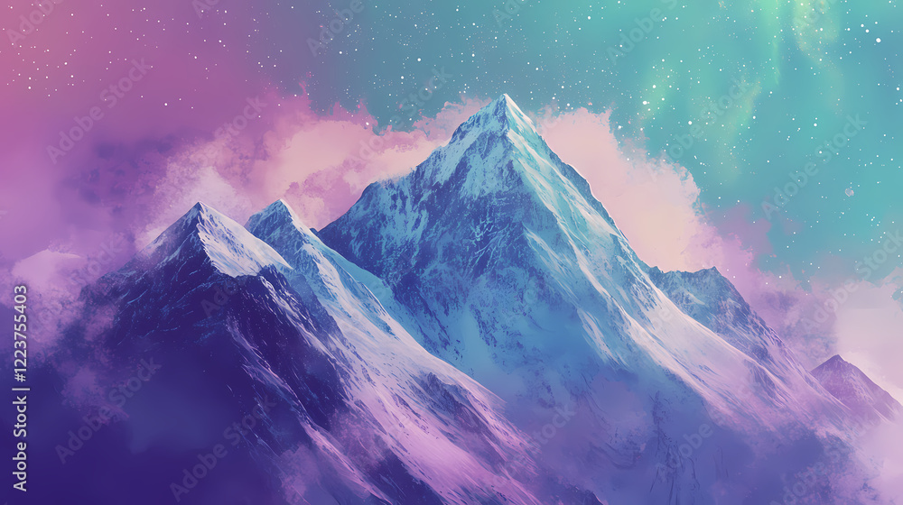 Obraz premium Mountain peaks bathed in the soft glow of the aurora borealis, lowangle, ethereal greens and purples, crisp and cool air, starfilled sky, serene and breathtaking. Whispering Peak. Illustration