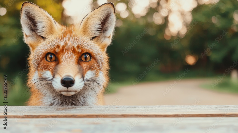 Fototapeta premium Curious fox peering over wooden table in forest